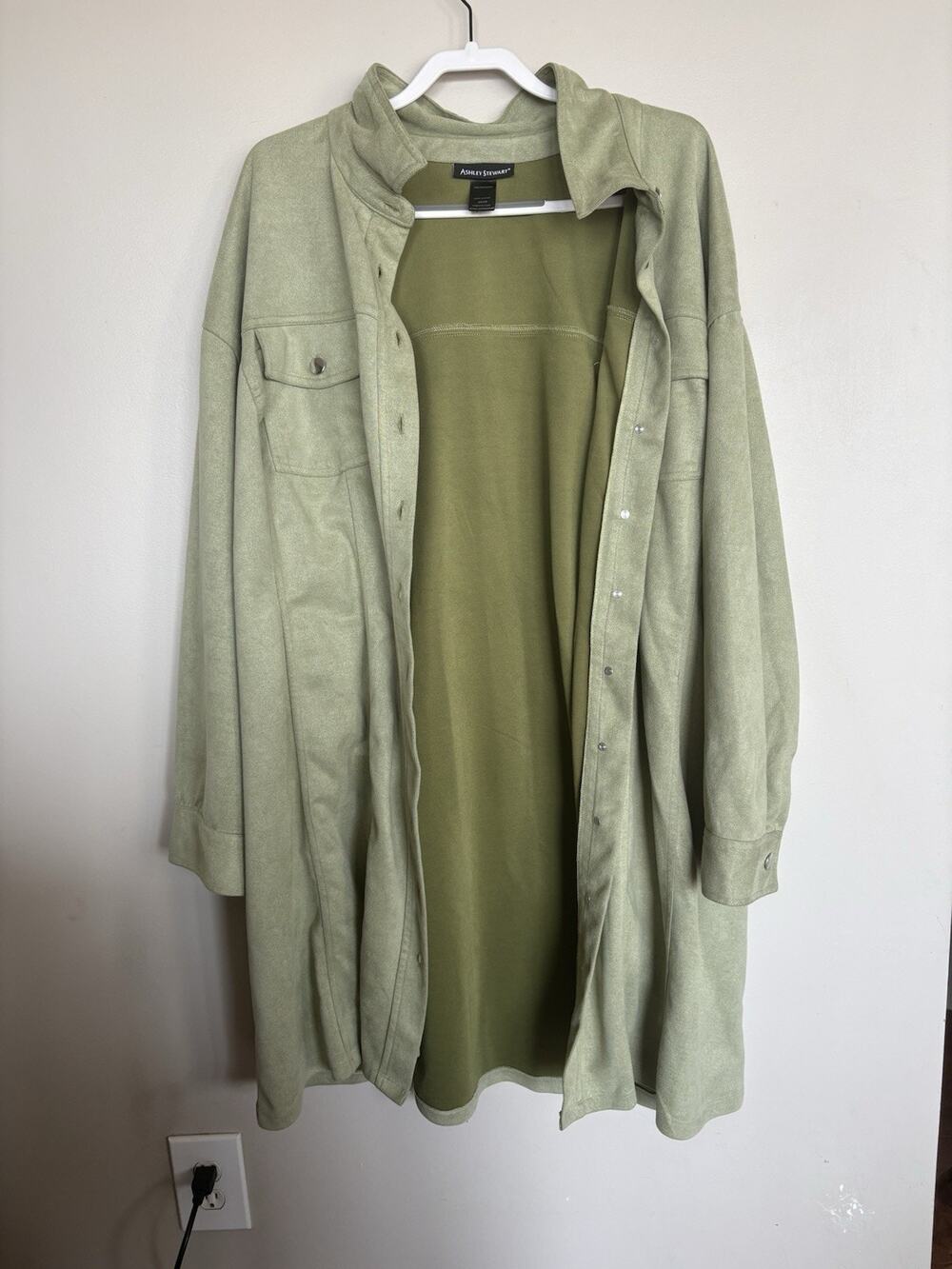 Ashley Stewart Plus Size 26/28 Sage Faux Suede Snap Front Long Shacket Jacket - Picture 1 of 8